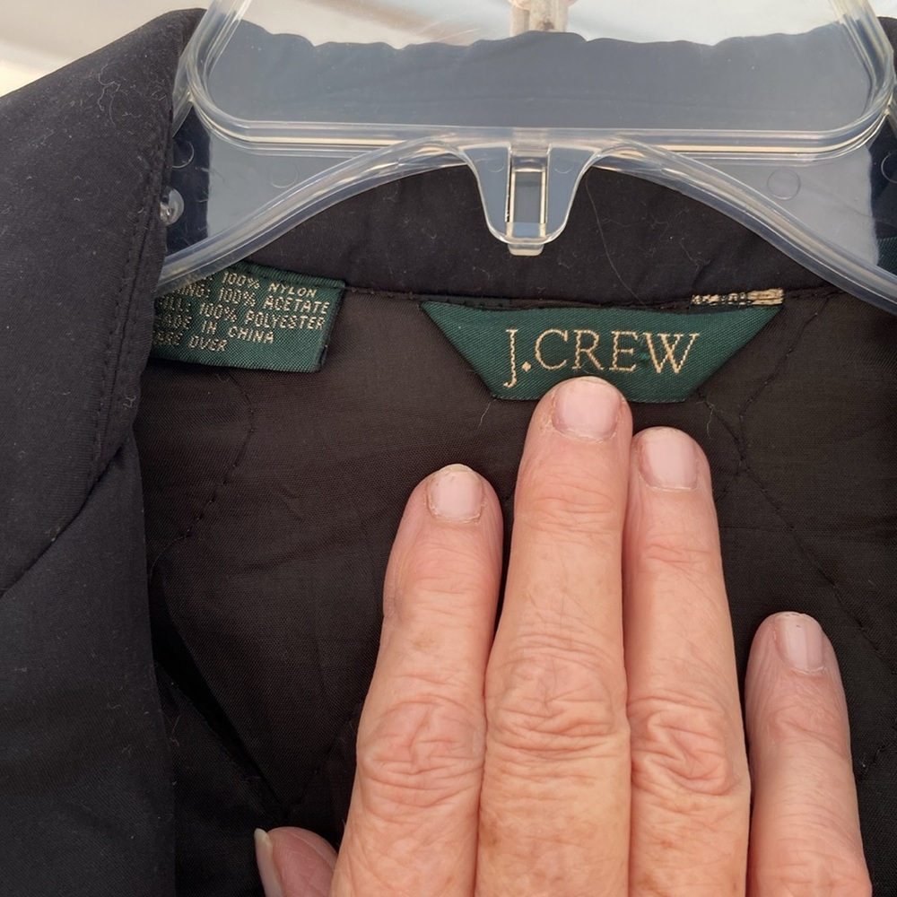 J Crew black trench-coat  lightweight winter coat, thigh/car coat length.